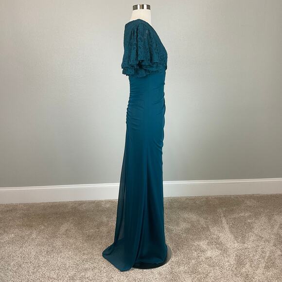 Betsy & Adam Lace and Chiffon Evening Gown Green Size 4 Short Flutter Sleeves - Picture 3 of 13